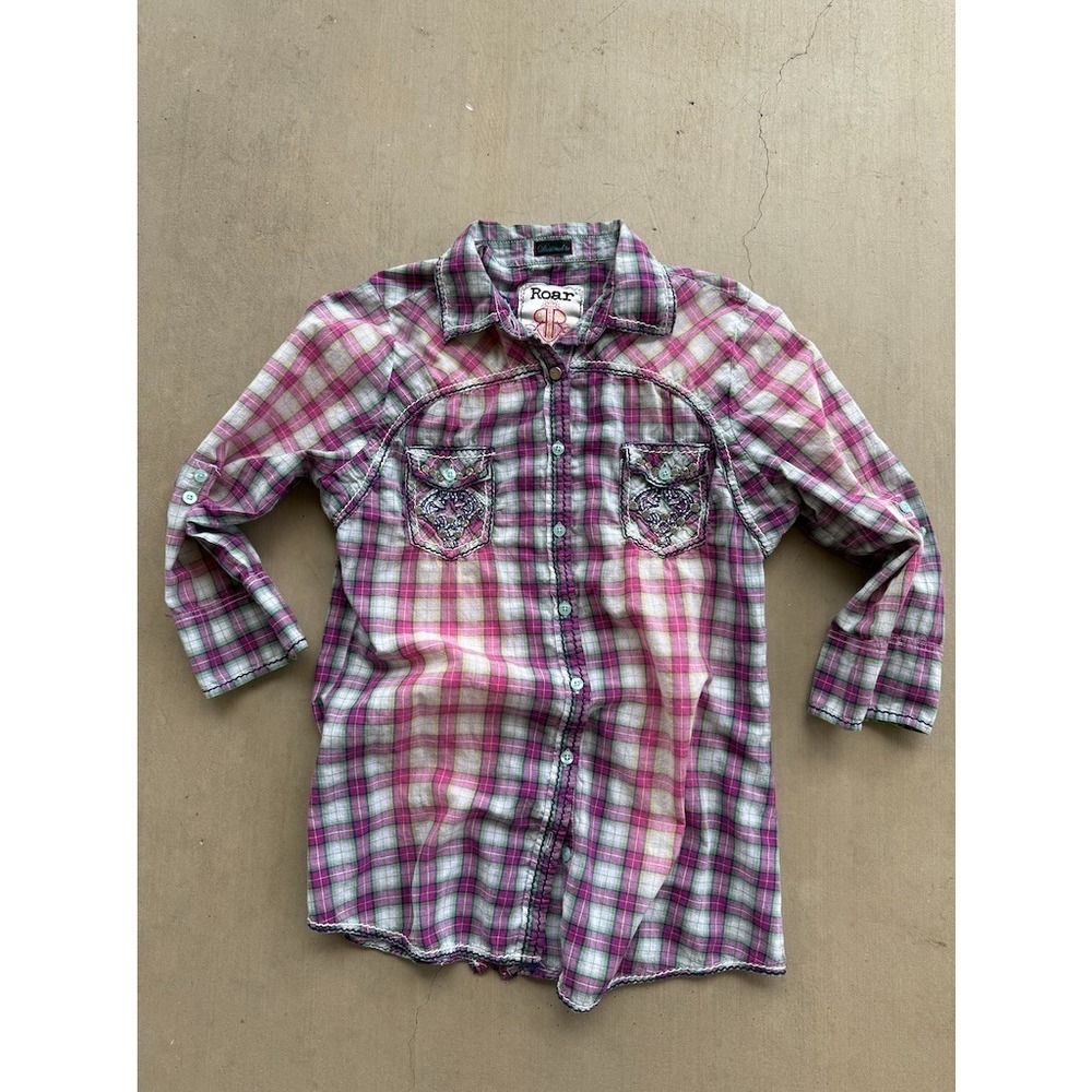 Y2K Roar Plaid Button Up Shirt Embroidered Western Pink Womens S M